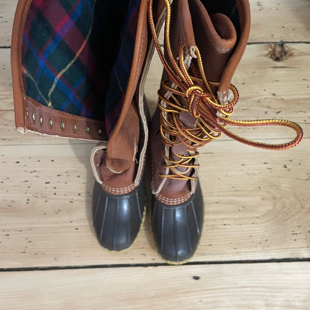 LL Bean Brown Duck Boots with Plaid Lining